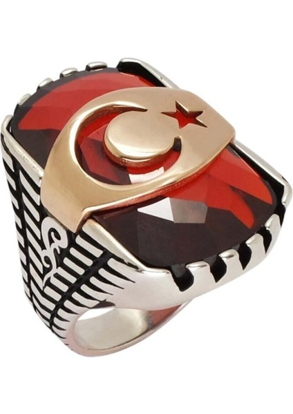 Kırmızı Zirkon Taşlı Ayyıldızlı Erkek Gümüş Yüzük