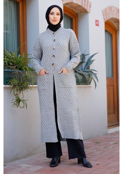 Kadın Düğme Kapamalı Cepli Triko Hırka -PMK338 indirimleri