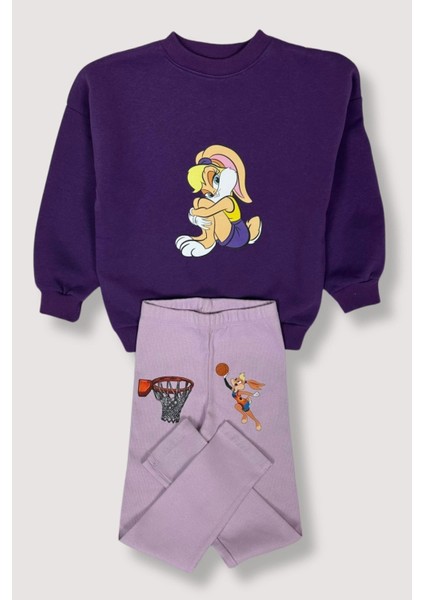 Kız Çocuk Alt Üst Takım Mor Lola Bunny ve Bugs Bunny Karakterli - Pamuk, 5 Yaş