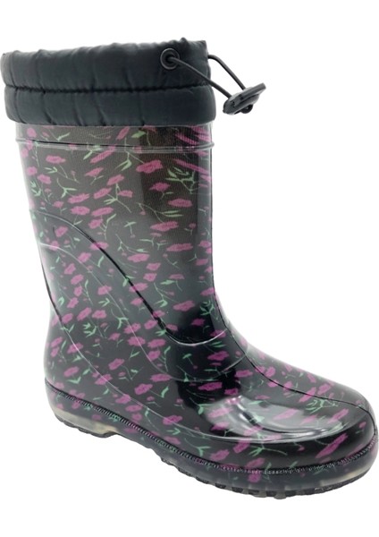 Çiğdem Içi Tüylü Çiçekli Lastik Çizme - Renkli-Siyah-Kırmızı - 39