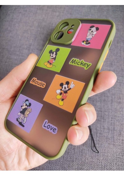 iPhone 12 Uyumlu Kamera Korumalı Mickey Mouse Tasarım Telefon Boyun Askılı Set Kılıf