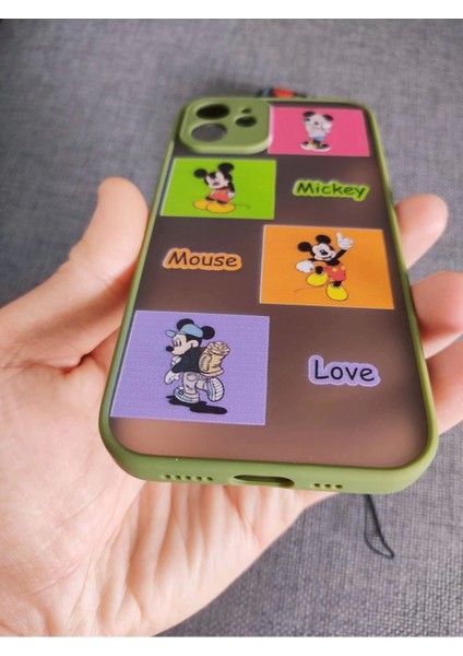 iPhone 12 Uyumlu Kamera Korumalı Mickey Mouse Tasarım Telefon Boyun Askılı Set Kılıf