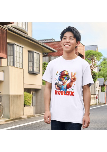 Roblox Çocuk Yetişkin Beyaz T-Shirt Roblox Baskılı Beyaz Tişört