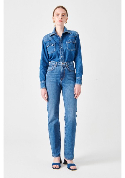 Sarah Slim Straight Fit Yüksek Bel Orta Indigo Kadın Jean Pantolon