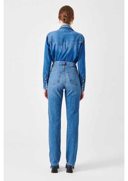 Sarah Slim Straight Fit Yüksek Bel Orta Indigo Kadın Jean Pantolon