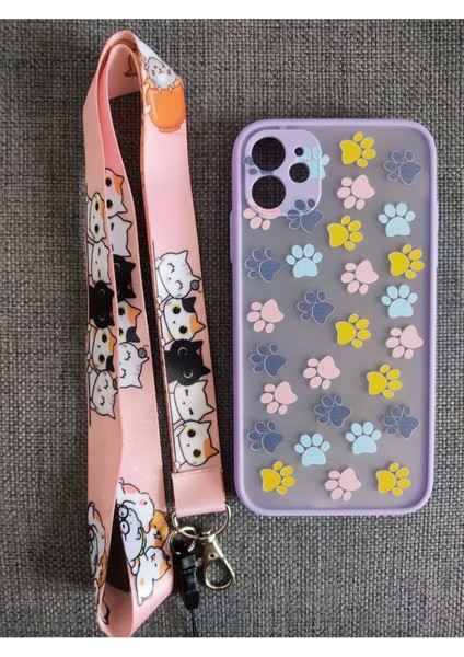 iPhone 11 Uyumlu Yavru Kediler ve Kedi Patisi Tasarım Tuşları Renkli Telefon Boyun Askılı Set Kılıf