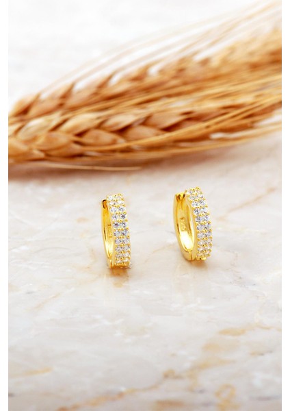 13 mm Altın Kaplama Taşlı Küçük Boy Gümüş Halka Küpe 7149