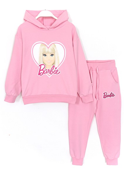 Uzun Kollu Kapüşonlu Barbie Baskılı Kız Çocuk Eşofman Takımı Pembe 001-0001947