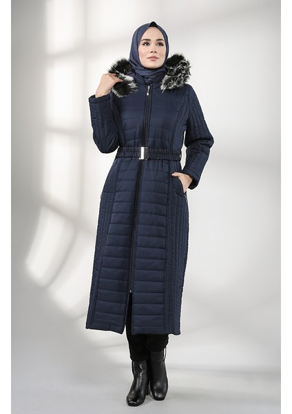 Kapüşonlu Kapitone Kaban 0813-02 Lacivert