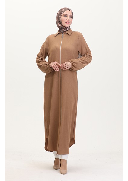 Yakalı Fermuarlı Ferace 1021-03 Vizon
