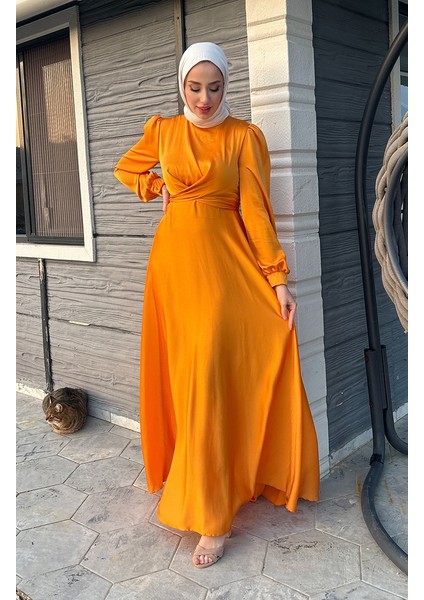 Önden Bağlamalı Kobe Saten Abiye Elbise 5513-08 Sarı