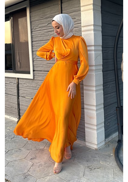 Önden Bağlamalı Kobe Saten Abiye Elbise 5513-08 Sarı fırsatları