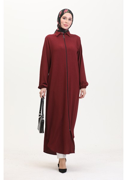 Yakalı Fermuarlı Ferace 1021-02 Bordo