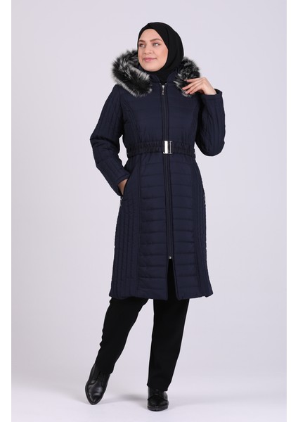 Kürklü Kapitone Mont 0812-04 Lacivert