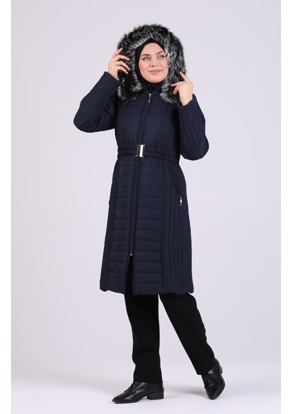 Kürklü Kapitone Mont 0812-04 Lacivert