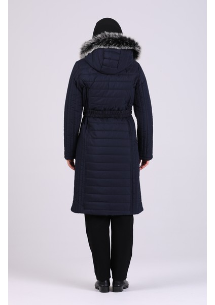 Kürklü Kapitone Mont 0812-04 Lacivert