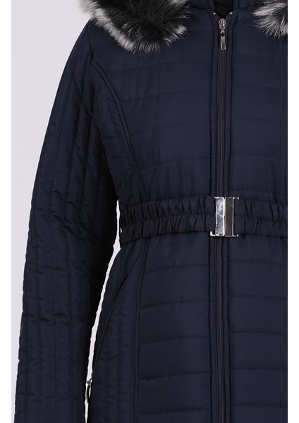 Kürklü Kapitone Mont 0812-04 Lacivert