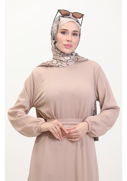 Burgu Kumaş Fitilli Fırfırlı Elbise 0528-01 Vizon modelleri