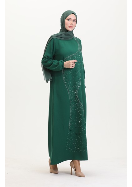 Taş Baskılı Abiye Elbise 0407-05 Zümrüt Yeşili