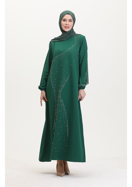 Taş Baskılı Abiye Elbise 0407-05 Zümrüt Yeşili fiyatları