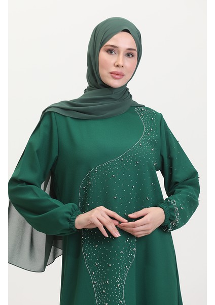 Taş Baskılı Abiye Elbise 0407-05 Zümrüt Yeşili modelleri