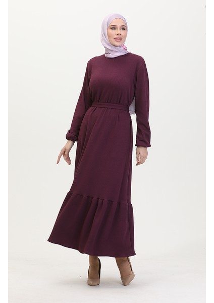 Burgu Kumaş Fitilli Fırfırlı Elbise 0528-06 Mürdüm