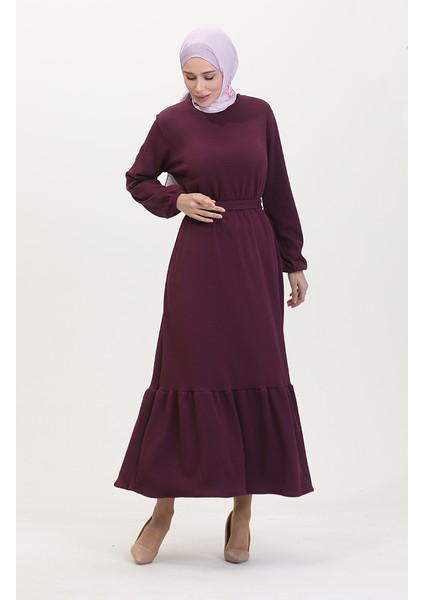 Burgu Kumaş Fitilli Fırfırlı Elbise 0528-06 Mürdüm fiyatları