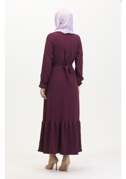 Burgu Kumaş Fitilli Fırfırlı Elbise 0528-06 Mürdüm indirimleri