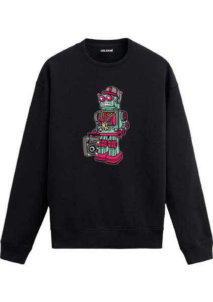 Unisex Pamuk Retro Dj Robot Karikatür Kapşonlu Sweatshirt Hoodie Eğlenceli Müzik Deseni