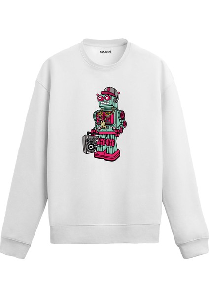 Unisex Pamuk Retro Dj Robot Karikatür Kapşonlu Sweatshirt Hoodie Eğlenceli Müzik Deseni