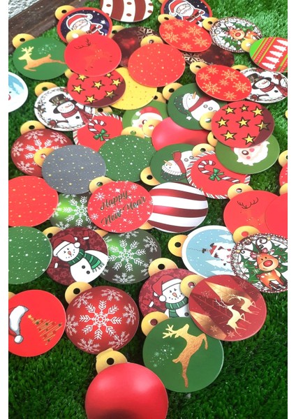 54 Adet Ultra Karton Yılbaşı Ağaç Süsü - Gold Ipli - Yılbaşı Süsü -Çift Yön Ultra Kalın Baskı