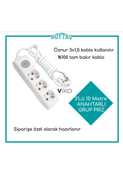 3'Lü 10 Metre Anahtarlı Grup Priz-Beyaz(Öznur 3*1,5 Kablo Kullanılır)