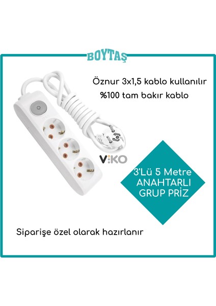 3'lü 5 Metre Anahtarlı Grup Priz-Beyaz(Öznur 3*1,5 Kablo Kullanılır)
