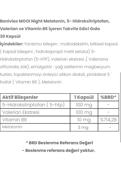 Mooi Night Melatonin Valerian Ekstresi B6 Vitamini 5 Htp Gıda takviyesi