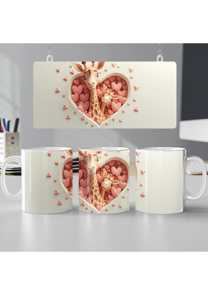 3D Anne ve Bebek Zürafa Desenli Sublimasyon Kupa Bardak | Şık Tasarım ile Her Yudumda Keyif