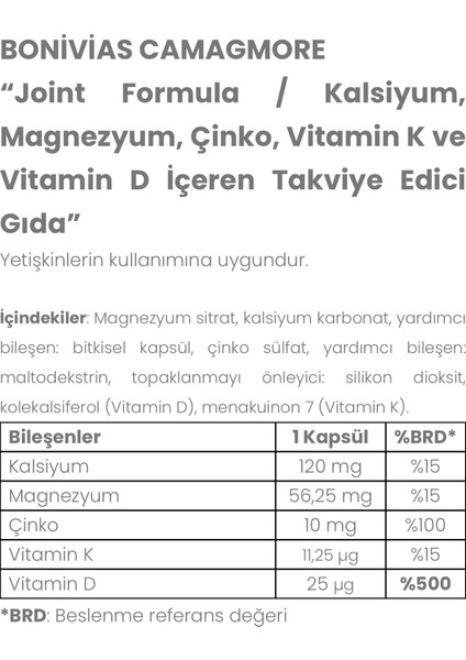 Camagmore Kalsiyum, Magnezyum, Çinko, K-D Vitamini Gıda Takviyesi