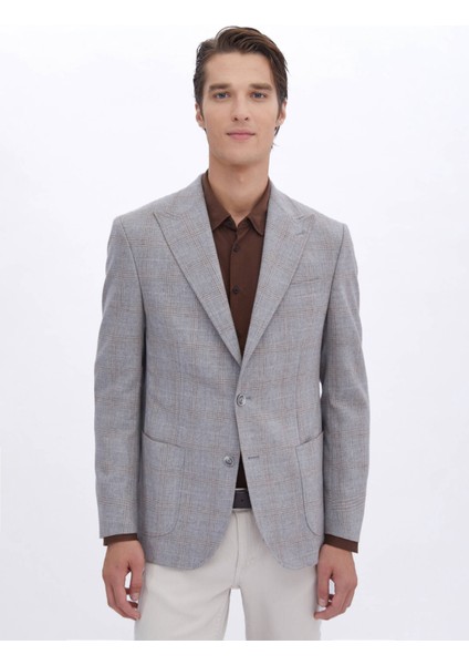 Gri Kareli Yün Karışımlı Ceket