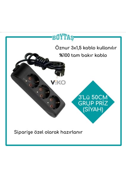 3'lü 50CM Grup Priz-Siyah(Öznur 3*1,5 Kablo Kullanılır)