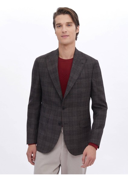 Kahverengi Kareli %100 Yün Ceket