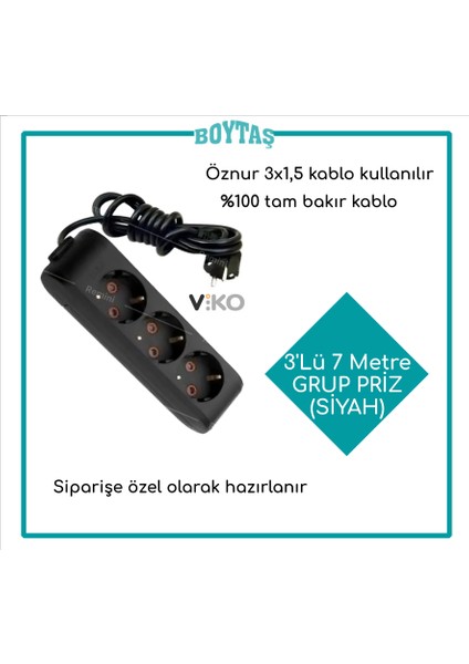 3'lü 7 Metre Grup Priz-Siyah(Öznur 3*1,5 Kablo Kullanılır)