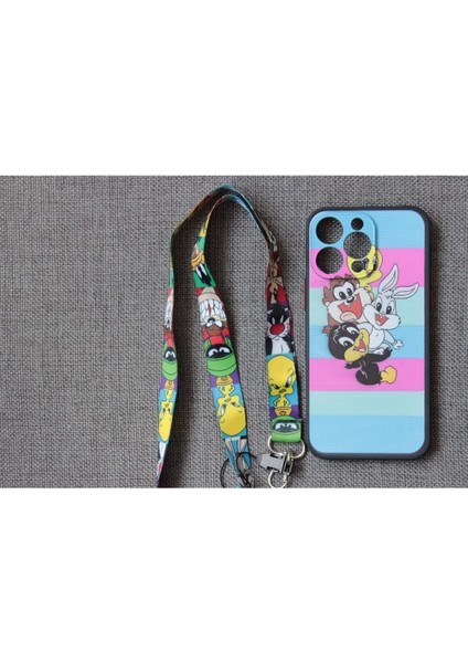 iPhone 12 Pro Max Uyumlu Kamera Korumalı Looney Tunes Tuşları Renkli Telefon Boyun Askılı Set Kılıf