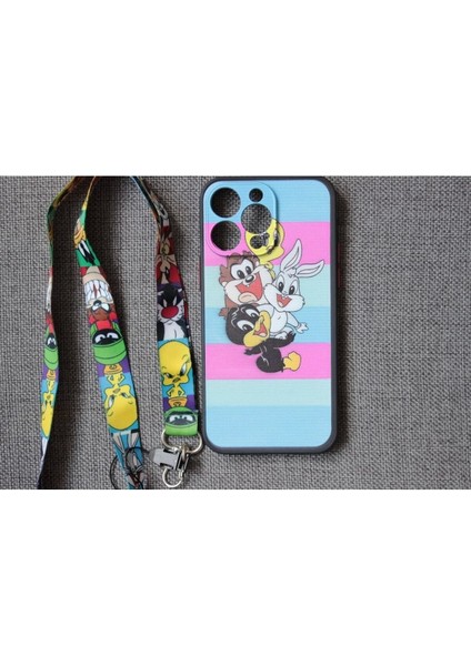 iPhone 12 Pro Max Uyumlu Kamera Korumalı Looney Tunes Tuşları Renkli Telefon Boyun Askılı Set Kılıf fiyatları
