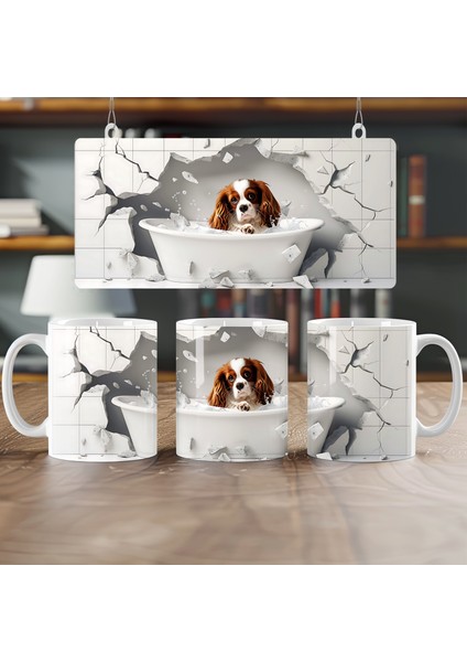 3D Cavalier King Charles Spaniel Köpeği Yıkanıyor Sublimasyon Baskı Kupa Bardak | Şık Tasarım