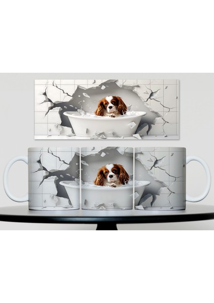 3D Cavalier King Charles Spaniel Köpeği Yıkanıyor Sublimasyon Baskı Kupa Bardak | Şık Tasarım