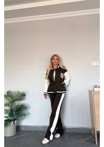 Kadın Üst Kısmı Kolej Ceket Tarzı Alt Kısmı Beyaz Şeritli Eşofman Takım fırsatları
