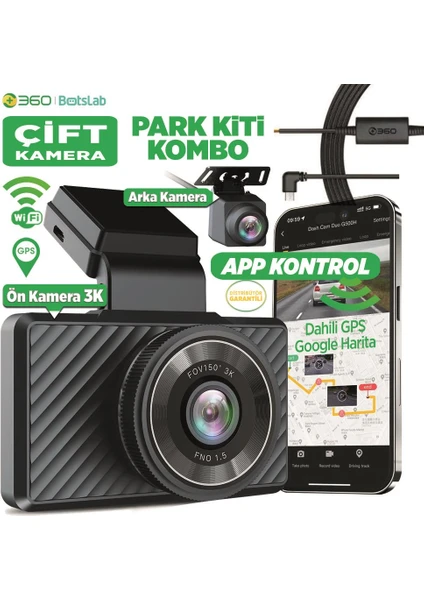 G500H Ön 2k Qhd - Arka 1080P Fhd 160° Geniş Açı Lens Gece Görüşü Dahili Gps Modülü Akıllı Araç Içi Kamera+ Park Modu Bağlantı Kablosu Combo