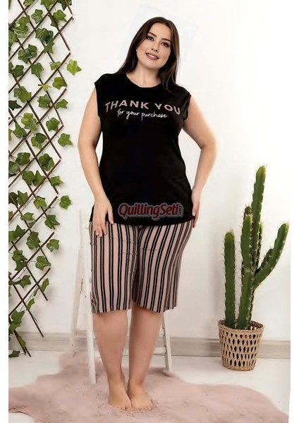 Rahat ve Şık Kadın Çizgi Desenli Siyah Renk Büyük Beden Şortlu Anne Pijama Takımı - 10414