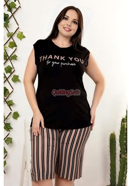 Rahat ve Şık Kadın Çizgi Desenli Siyah Renk Büyük Beden Şortlu Anne Pijama Takımı - 10414 modelleri