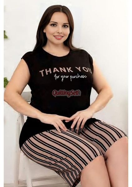 Rahat ve Şık Kadın Çizgi Desenli Siyah Renk Büyük Beden Şortlu Anne Pijama Takımı - 10414 fırsatları