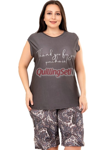 Rahat ve Şık Kadın Çiçek Desenli Füme Renk Büyük Beden Şortlu Anne Pijama Takımı - 10414 modelleri